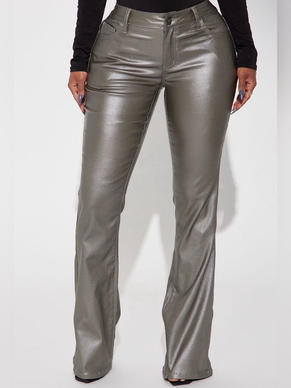 Metallic Olive Faux-Leather Straight-Leg Pants - Women